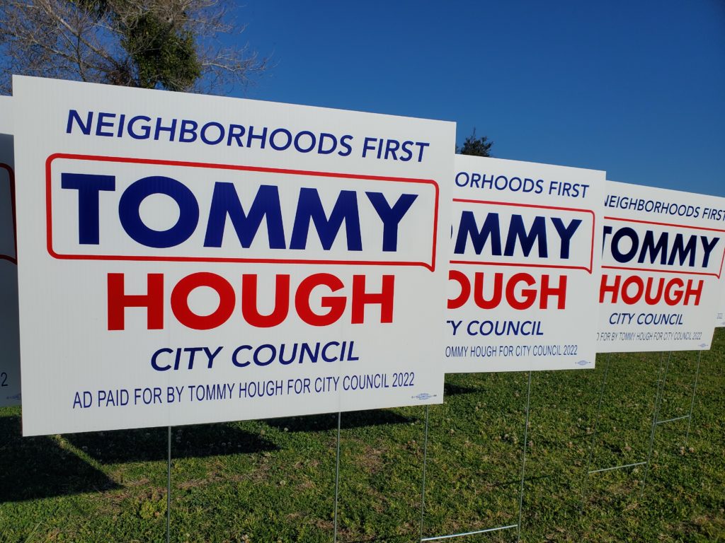 Yard signs promoting Tommy Hough for San Diego City Council